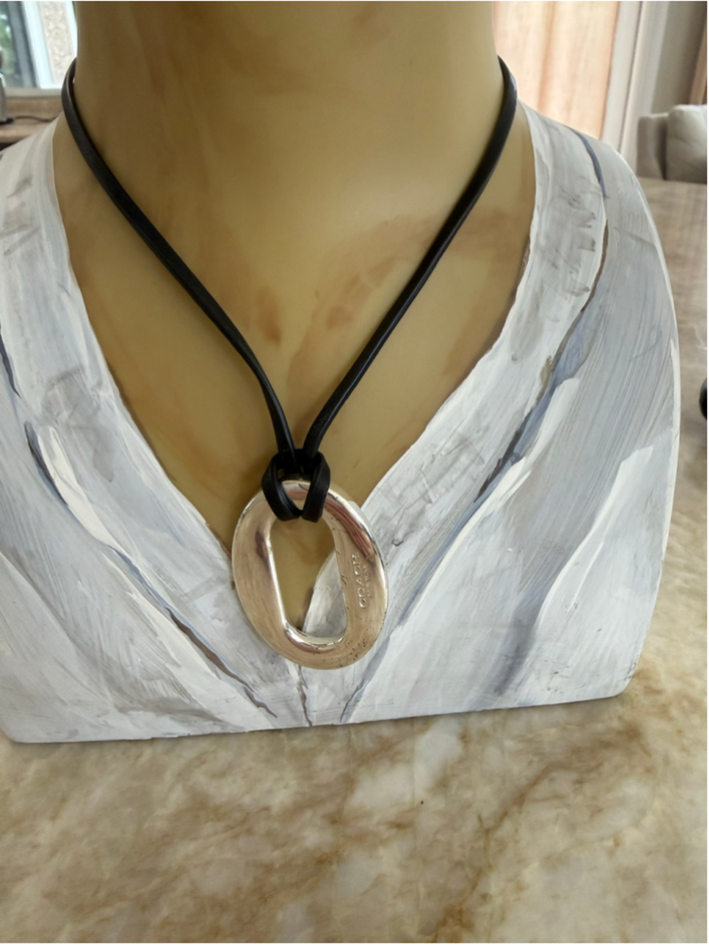 Coach Sterling Silver and Black Leather Pendant Necklace One Size,